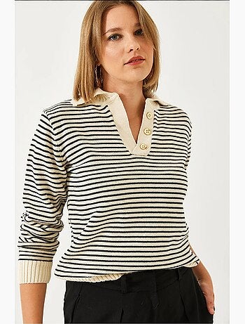 Pull en maille rayé à col polo et boutons lucci