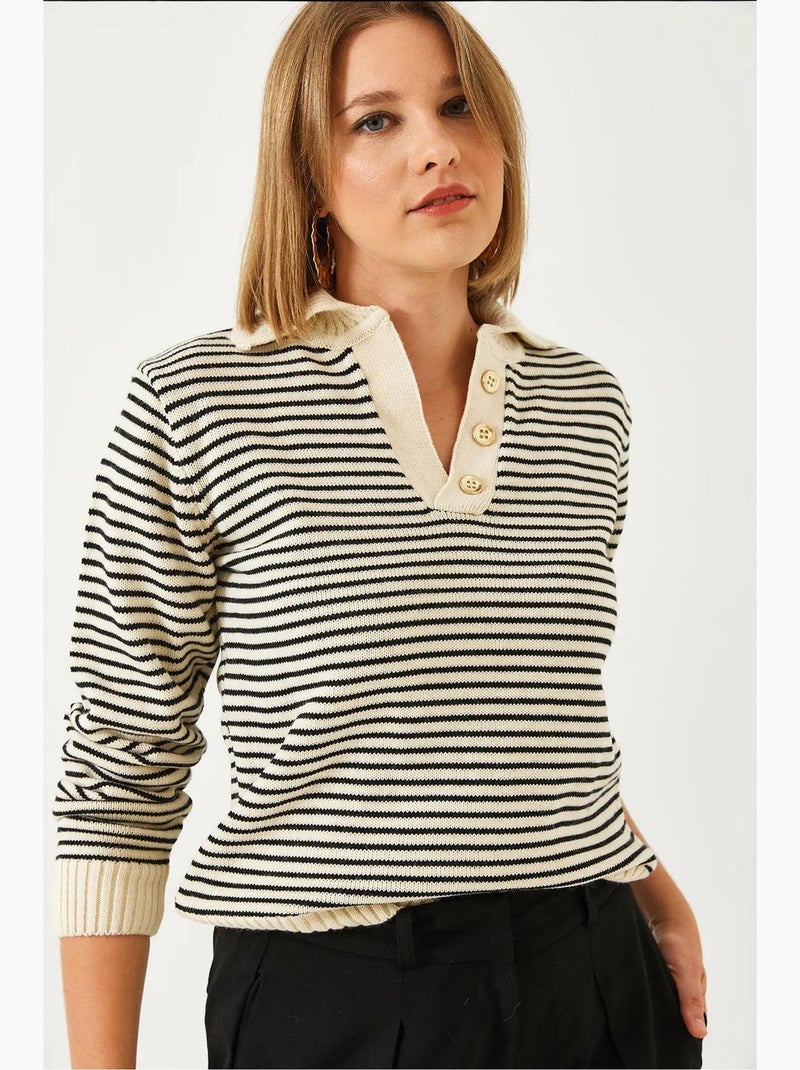 Pull en maille rayé à col polo et boutons lucci Crème - Kiabi