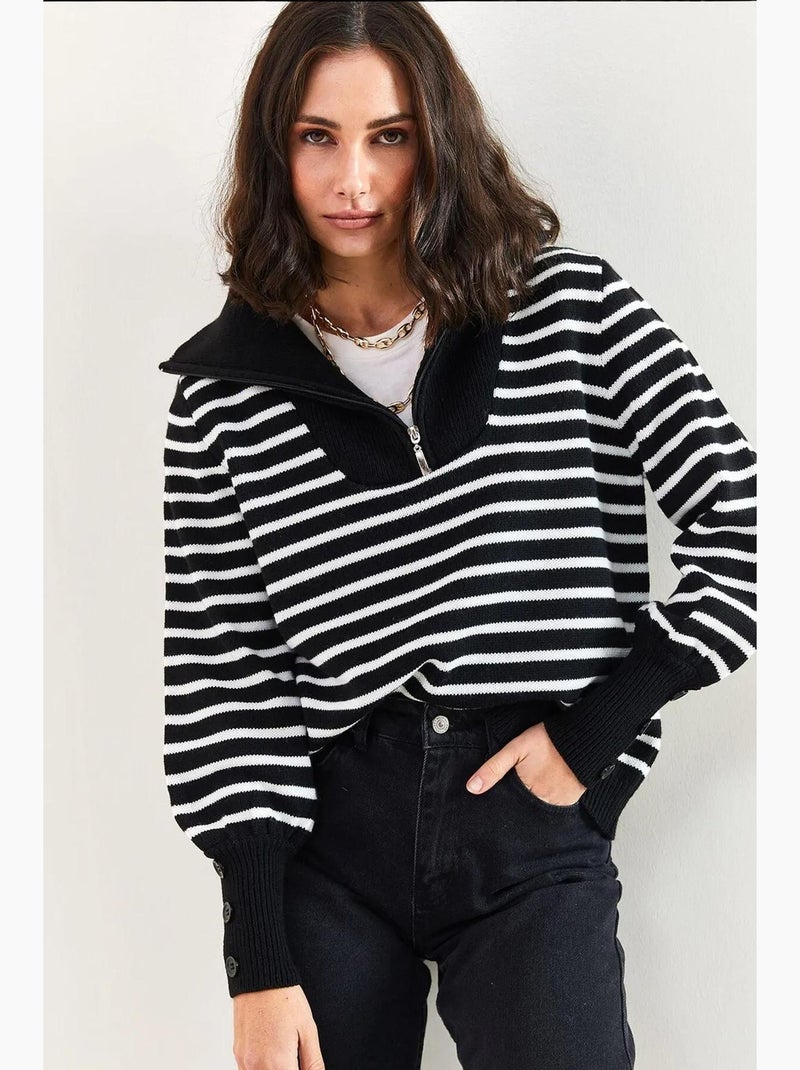 Pull en maille raye a demi-zip lucci Noir - Kiabi