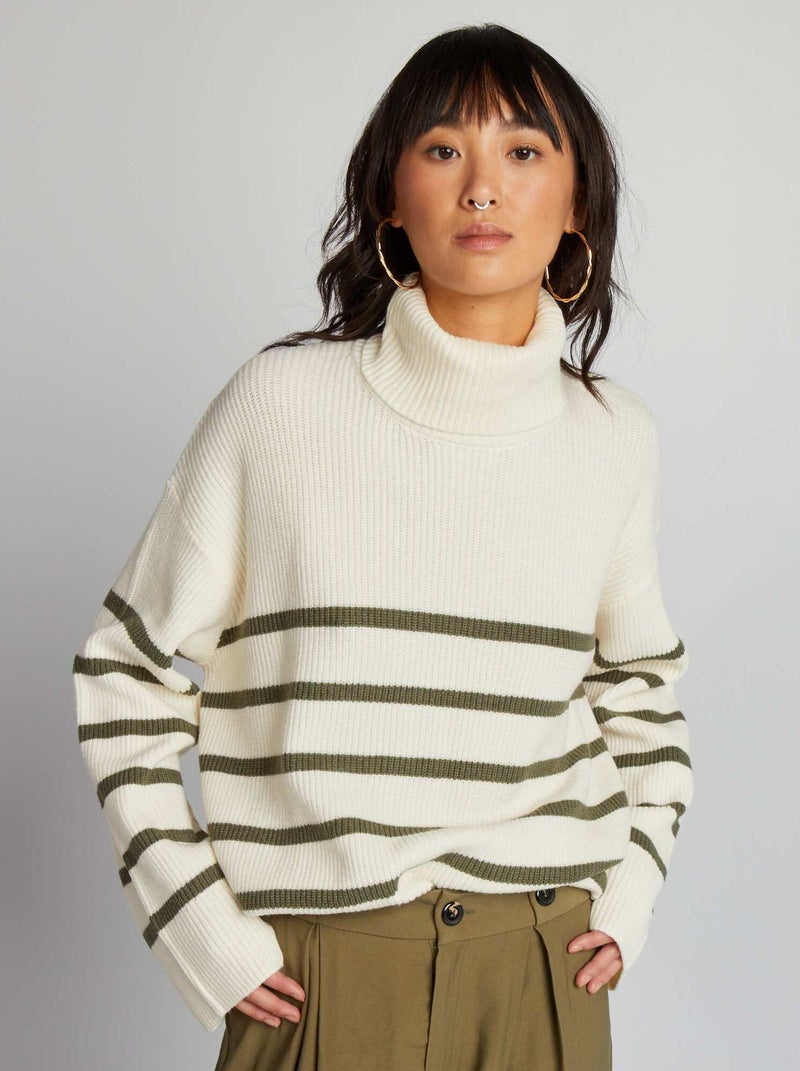 Pull en maille rayé Blanc/vert - Kiabi