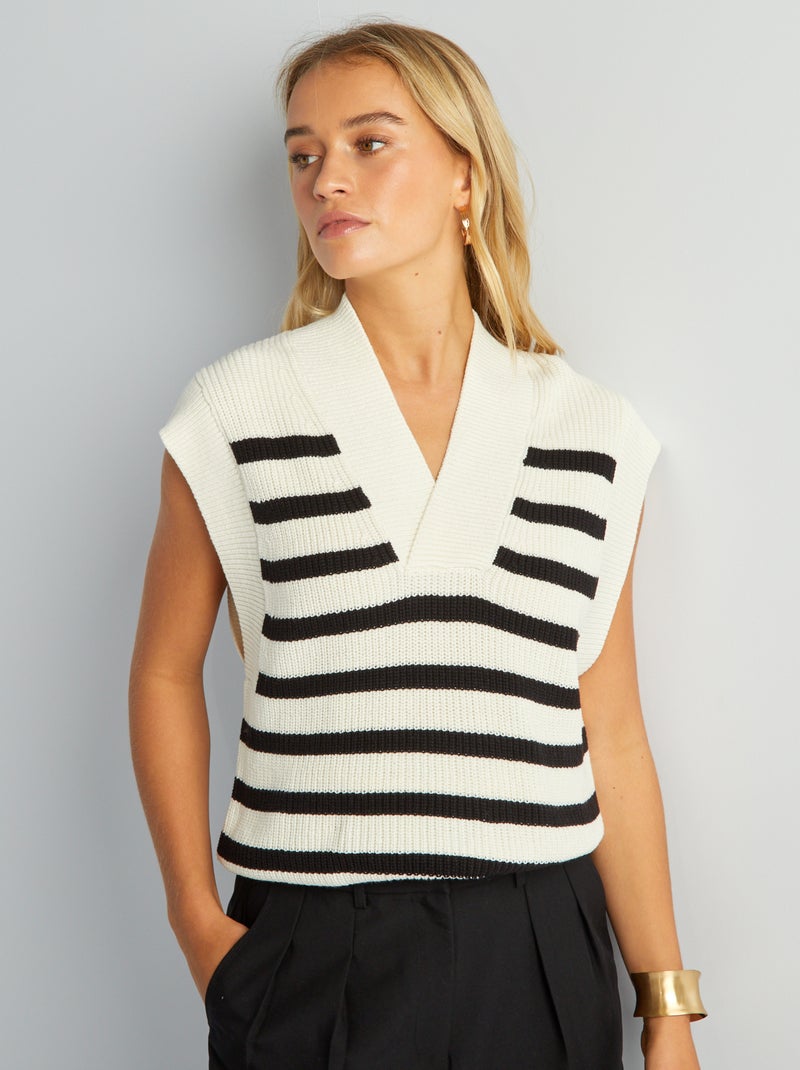 Pull en maille sans manches Blanc/noir - Kiabi