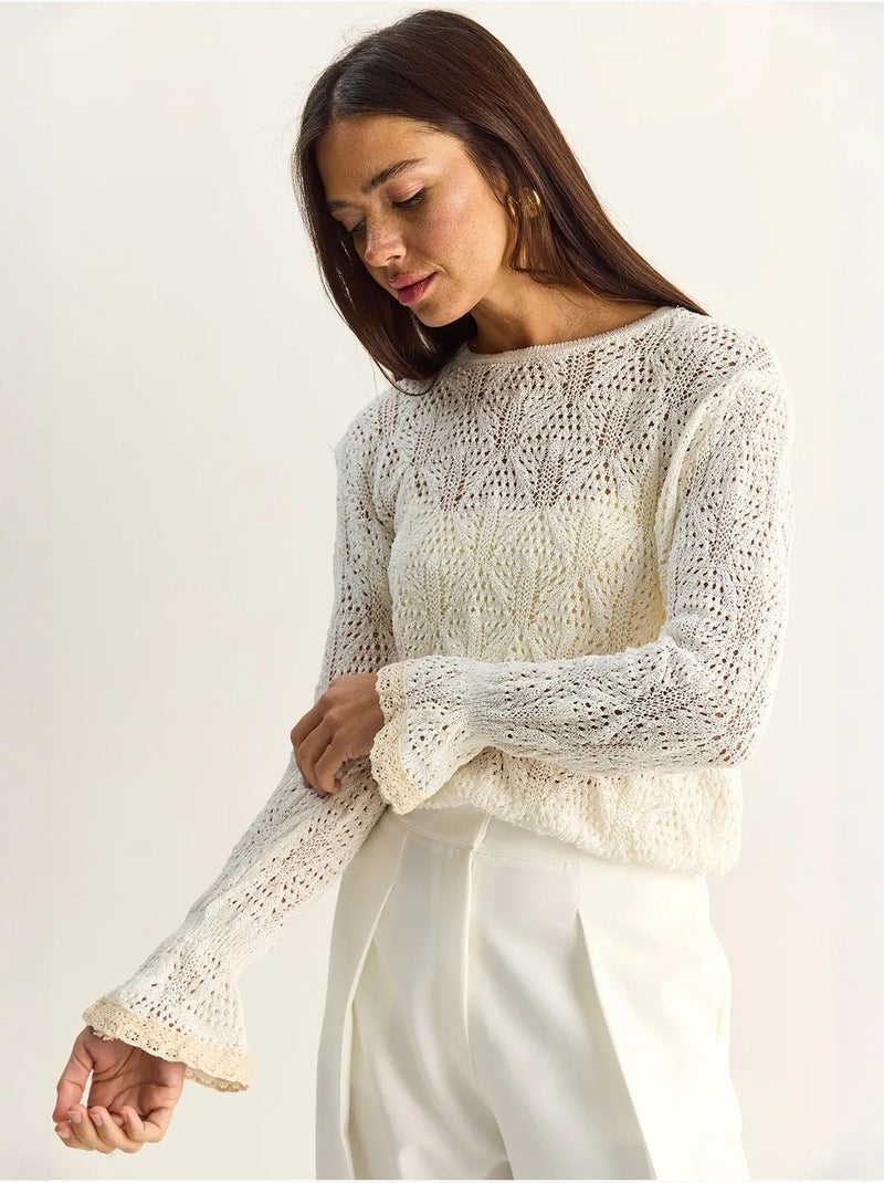 Pull en maille texturée à col rond avec volants lucci Ivoire - Kiabi