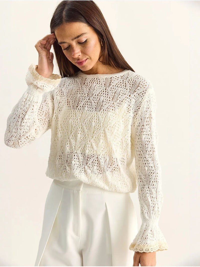 Pull en maille texturée à col rond avec volants lucci Ivoire - Kiabi