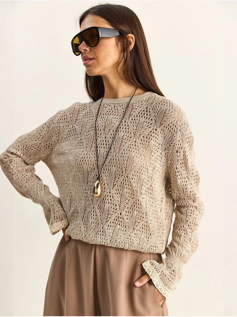 Pull en maille texturée à col rond avec volants lucci Sable - Kiabi