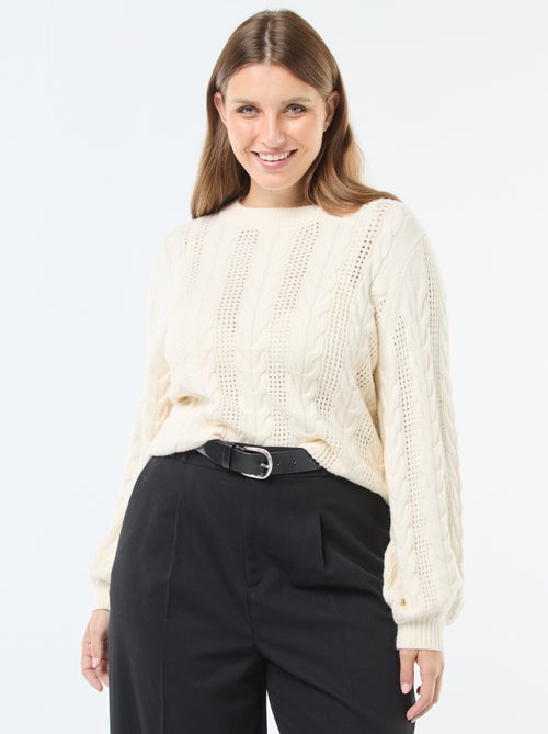 Pull en maille torsade et ajourée à col rond - Kiabi