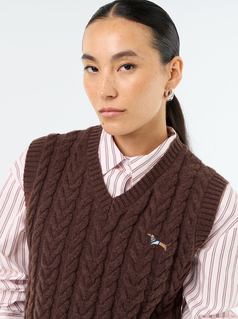 Pull en maille torsadée sans manches Marron - Kiabi