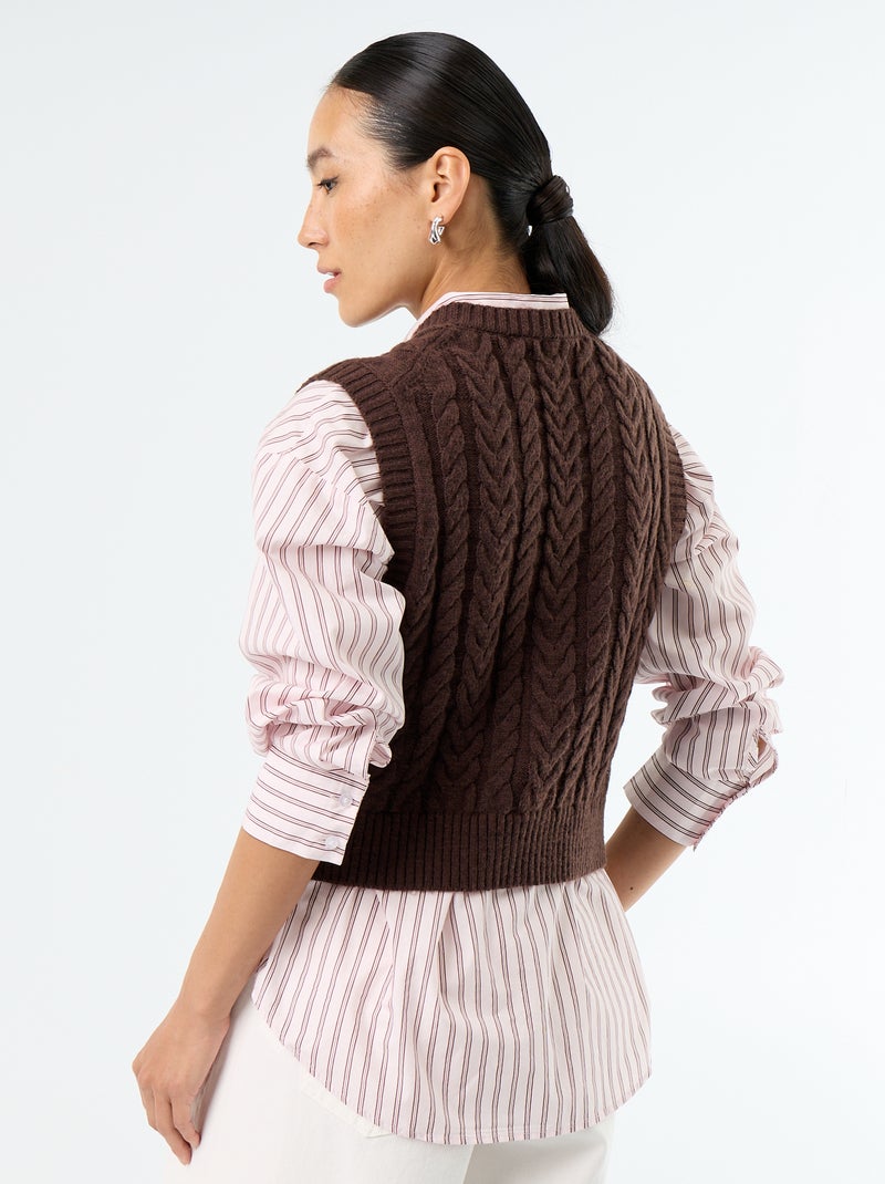 Pull en maille torsadée sans manches Marron - Kiabi