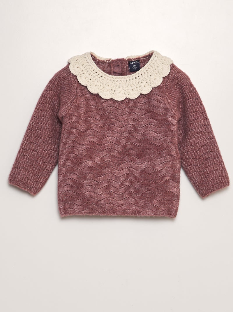 Pull en maille tricot + col crochet Rose - Kiabi