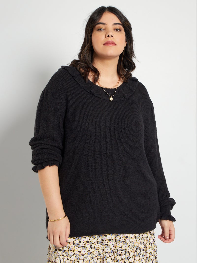 Pull Tricoté Noir En Laine Mélangée - Coupe Regular, Col Rond - Occasion Très Bon état