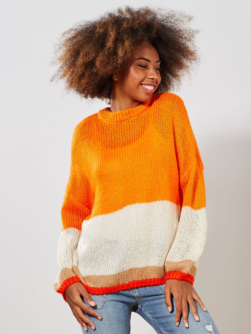 Pull en maille tricot 'rayures' orange/écru - Kiabi