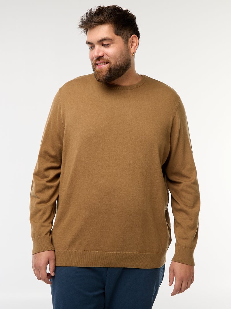Pull en maille uni col rond Marron - Kiabi