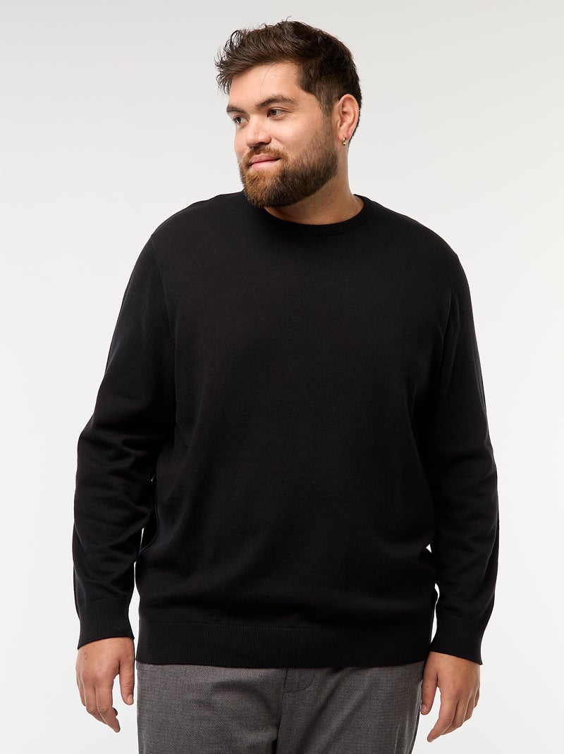 Pull en maille uni col rond Noir - Kiabi