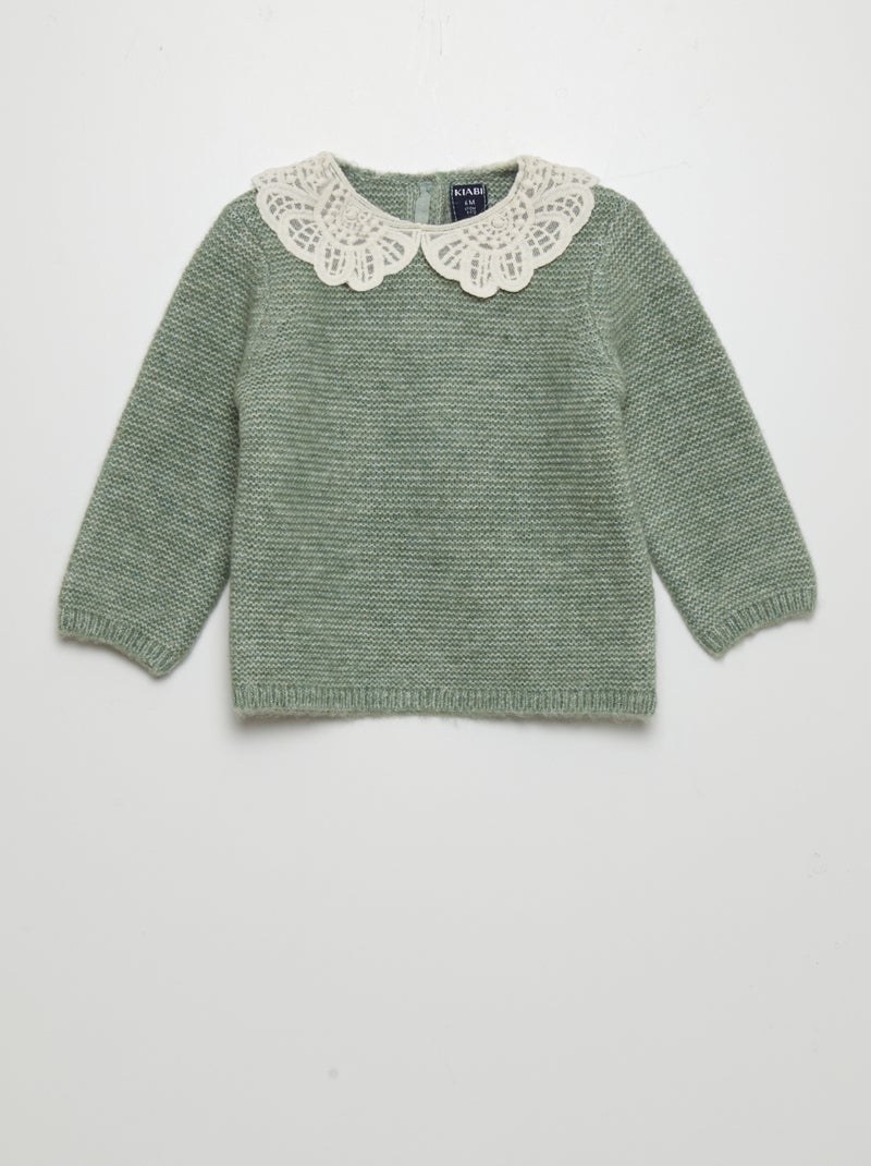Pull en point mousse avec col fantaisie Vert - Kiabi