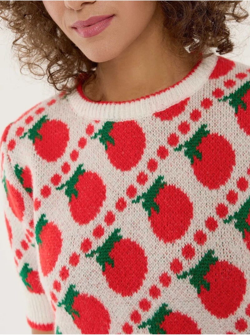 Pull en tricot à manches courtes à motifs Rouge - Kiabi