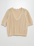 Pull en tricot à manches courtes et col en V 'JDY' BEIGE - Kiabi