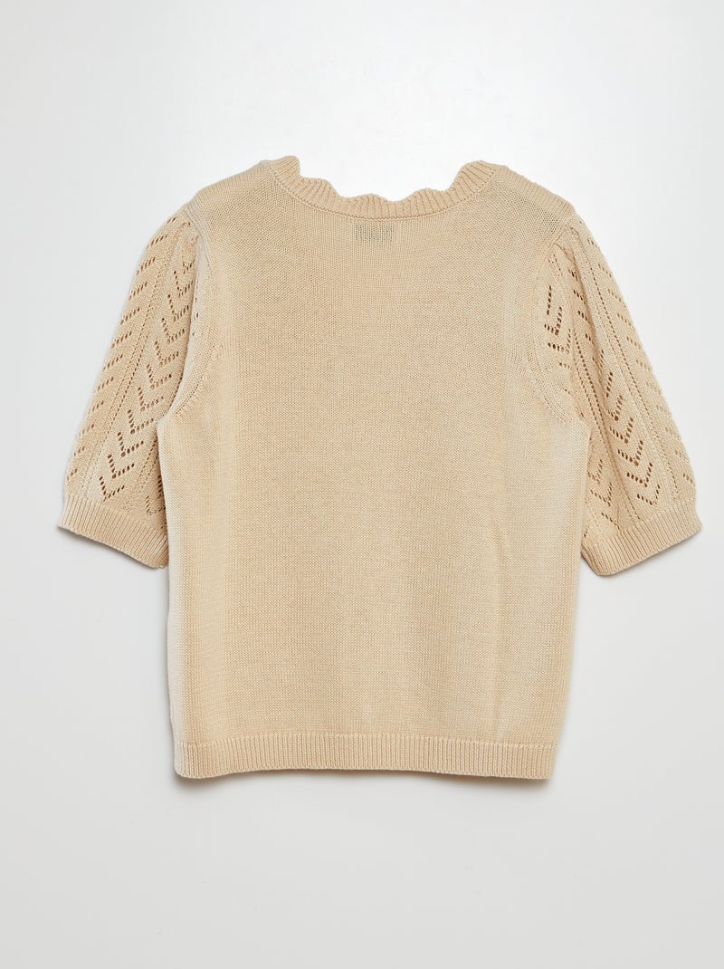 Pull en tricot à manches courtes et col en V 'JDY' BEIGE - Kiabi