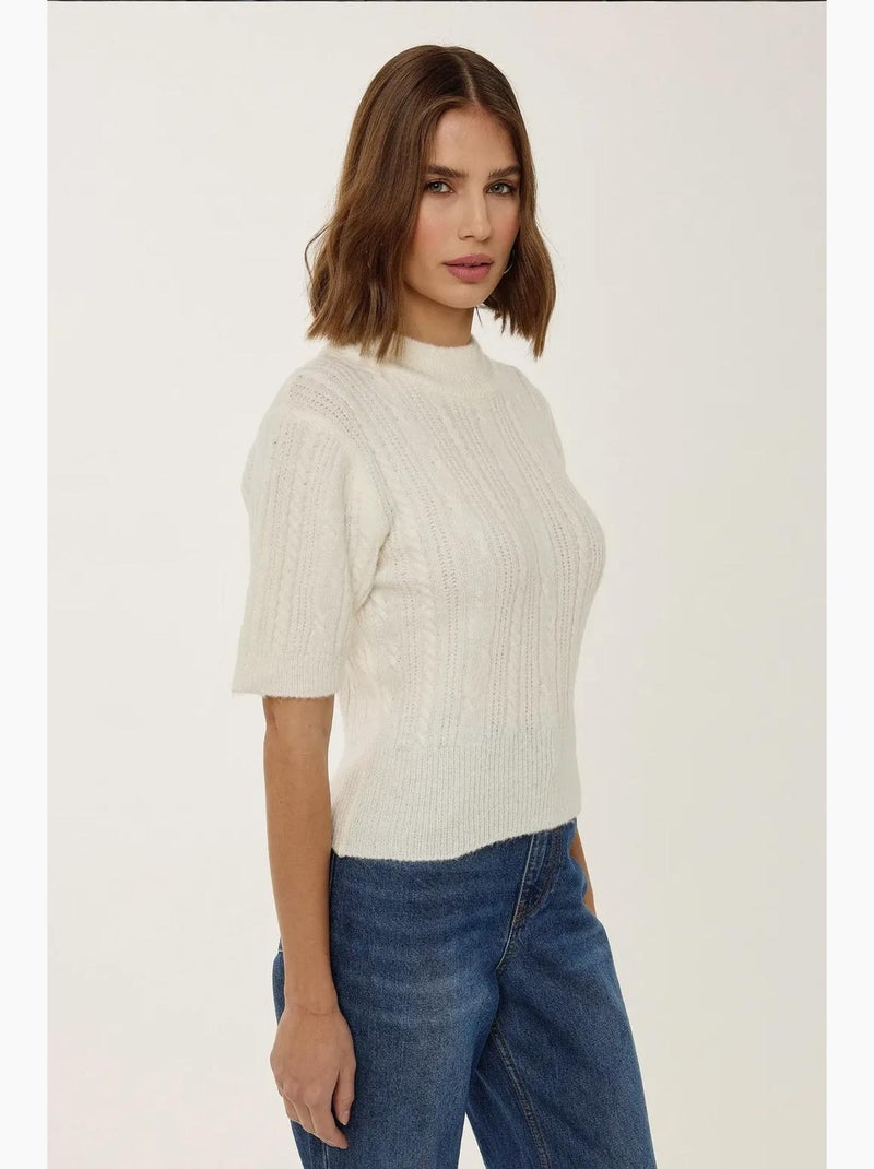 Pull en tricot à manches courtes et demi-col roulé avec tresses hiccup Beige naturel - Kiabi