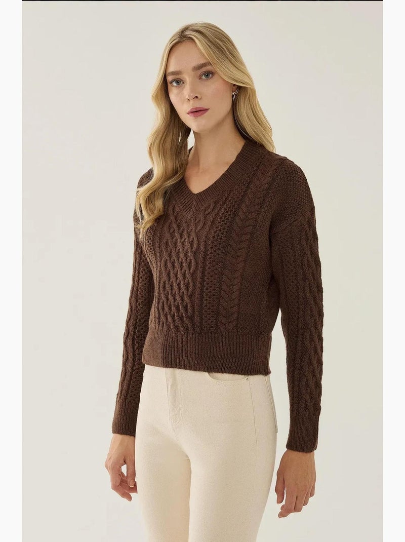Pull en tricot à tresses et col en v hiccup Marron - Kiabi
