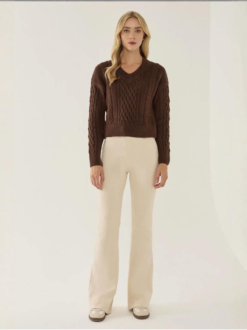 Pull en tricot à tresses et col en v hiccup Marron - Kiabi