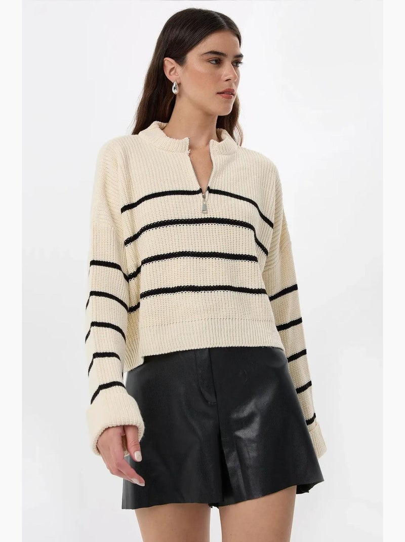 Pull en tricot rayé à fermeture éclair hiccup Blanc - Kiabi
