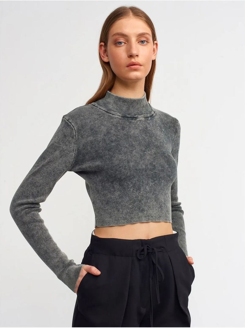 Pull femme court en maille côtelée à col montant dilvin Gris Noir - Kiabi