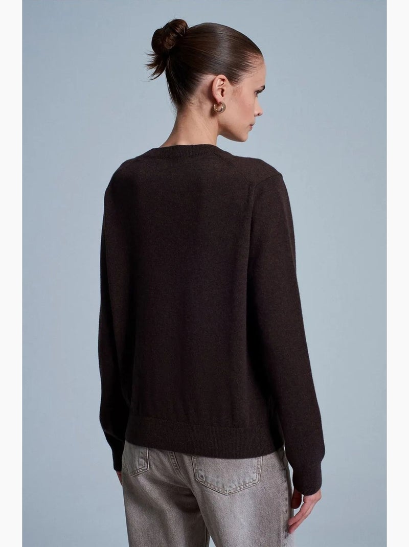 Pull femme en cachemire à côtes, col rond dilvin Marron chocolat - Kiabi