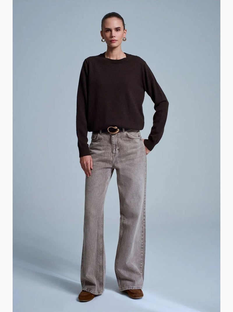 Pull femme en cachemire à côtes, col rond dilvin Marron chocolat - Kiabi