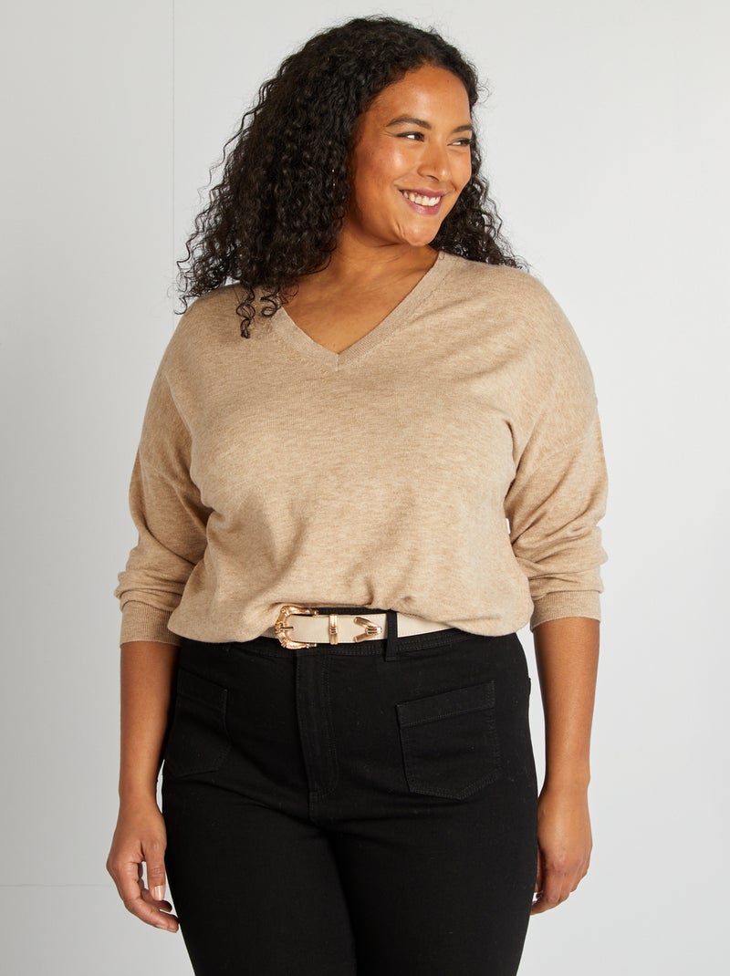 Pull fin à col V Beige - Kiabi