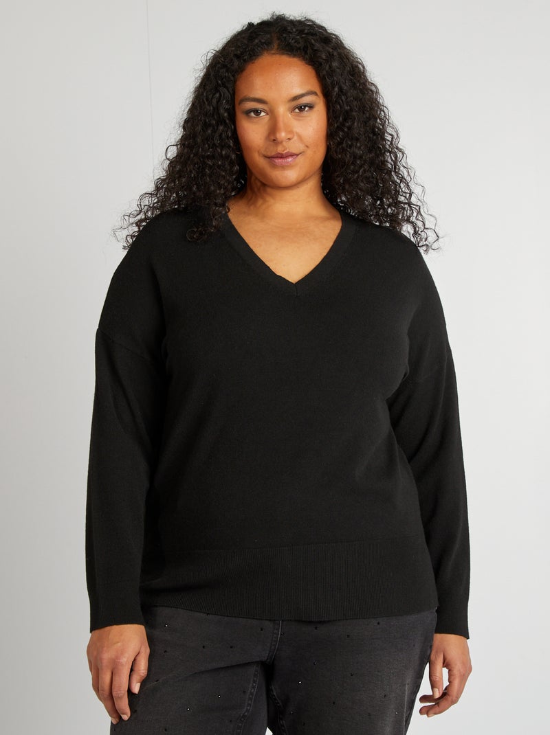Pull fin à col V noir - Kiabi