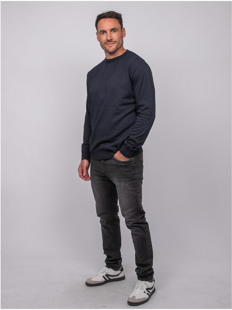 Pull fin col rond jacquard loranch Bleu marine - Kiabi