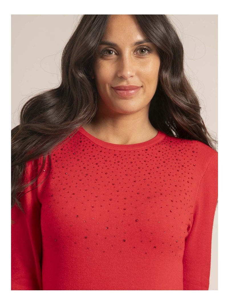 Pull fin col rond strass kapolina Rouge - Kiabi