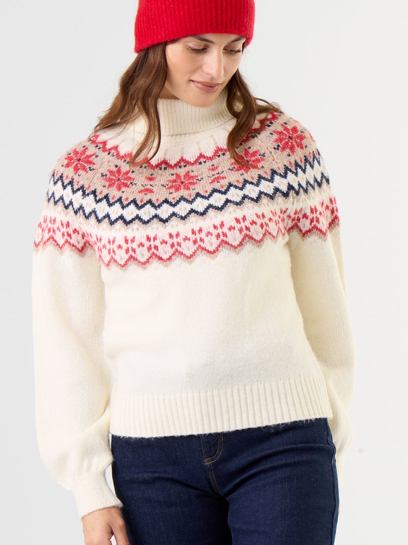 Pull grosse jauge jacquard Beige - Kiabi