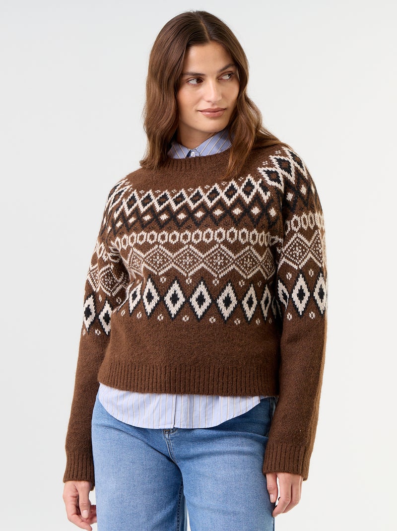 Pull grosse jauge jacquard Marron - Kiabi