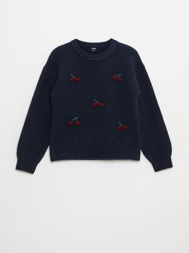 Pull imitation lainage avec broderies 'cerises' Bleu - Kiabi