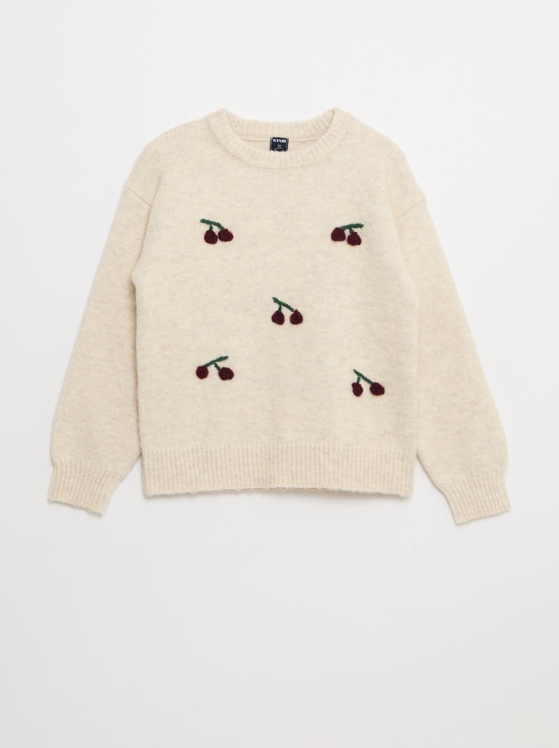 Pull imitation lainage avec broderies 'cerises' Gris - Kiabi