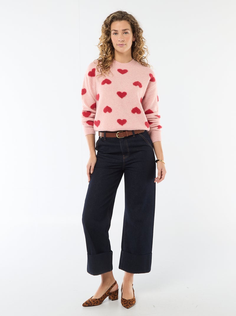 Pull jacquard à cœurs Rose - Kiabi