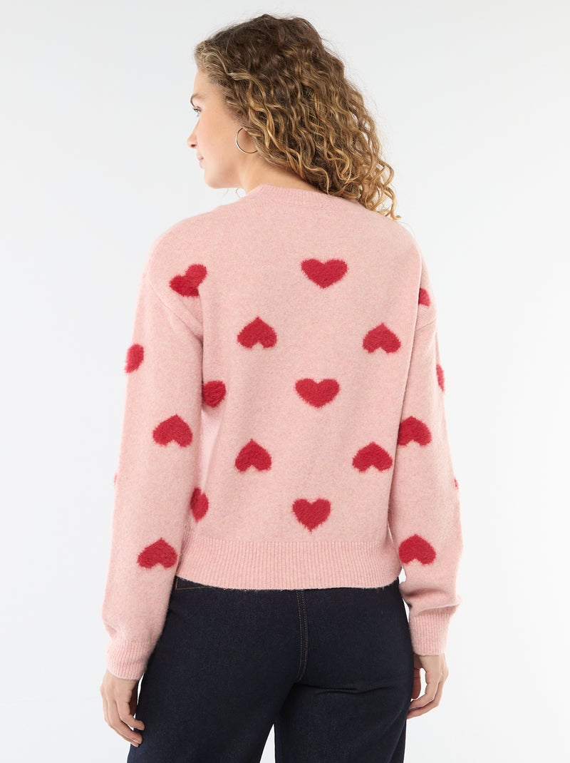 Pull jacquard à cœurs Rose - Kiabi