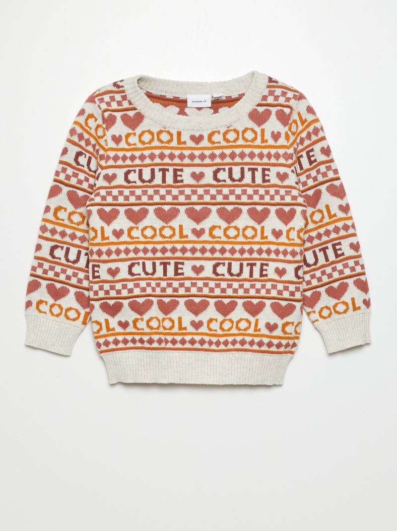 Pull jacquard avec inscription 'cute' Ecru/rose - Kiabi