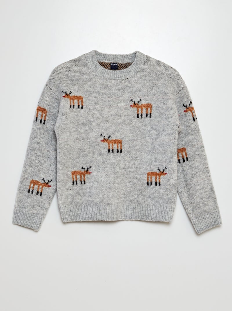 Pull jacquard cerf Gris - Kiabi