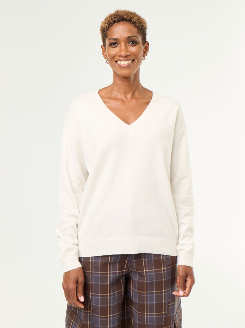 Pull léger à col V Blanc - Kiabi