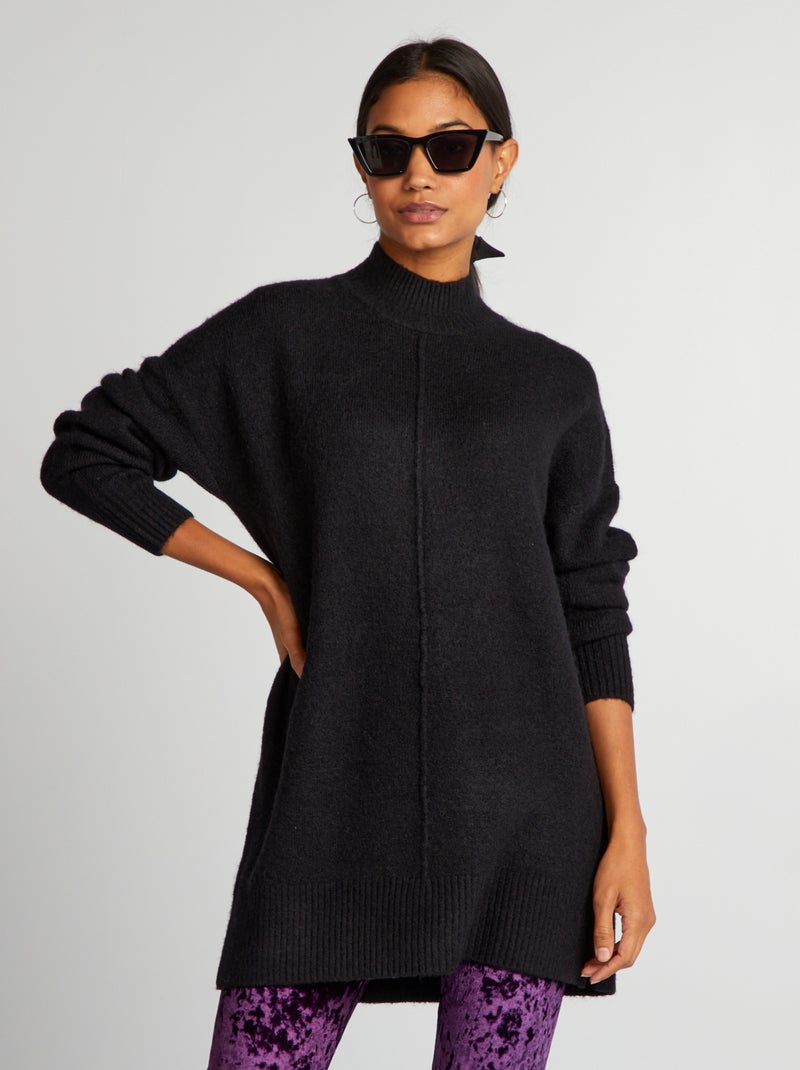 Pull long à col montant noir - Kiabi
