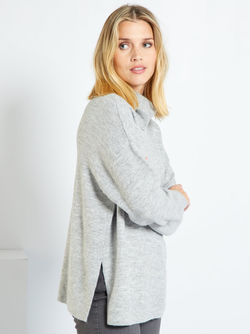 Pull long col roulé et maille moulinée Gris clair - Kiabi