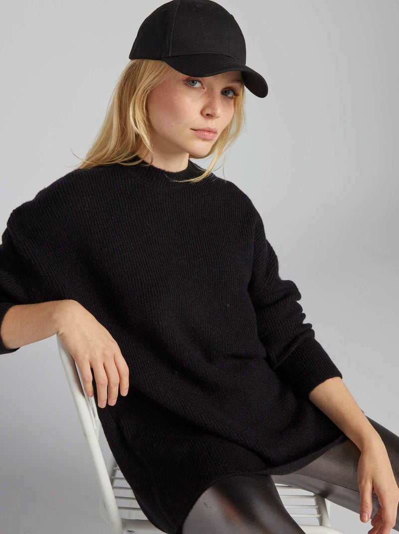 Pull long en maille côtelée noir - Kiabi