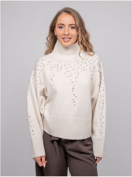 Pull maille col montant orné de strass kobilie - Kiabi