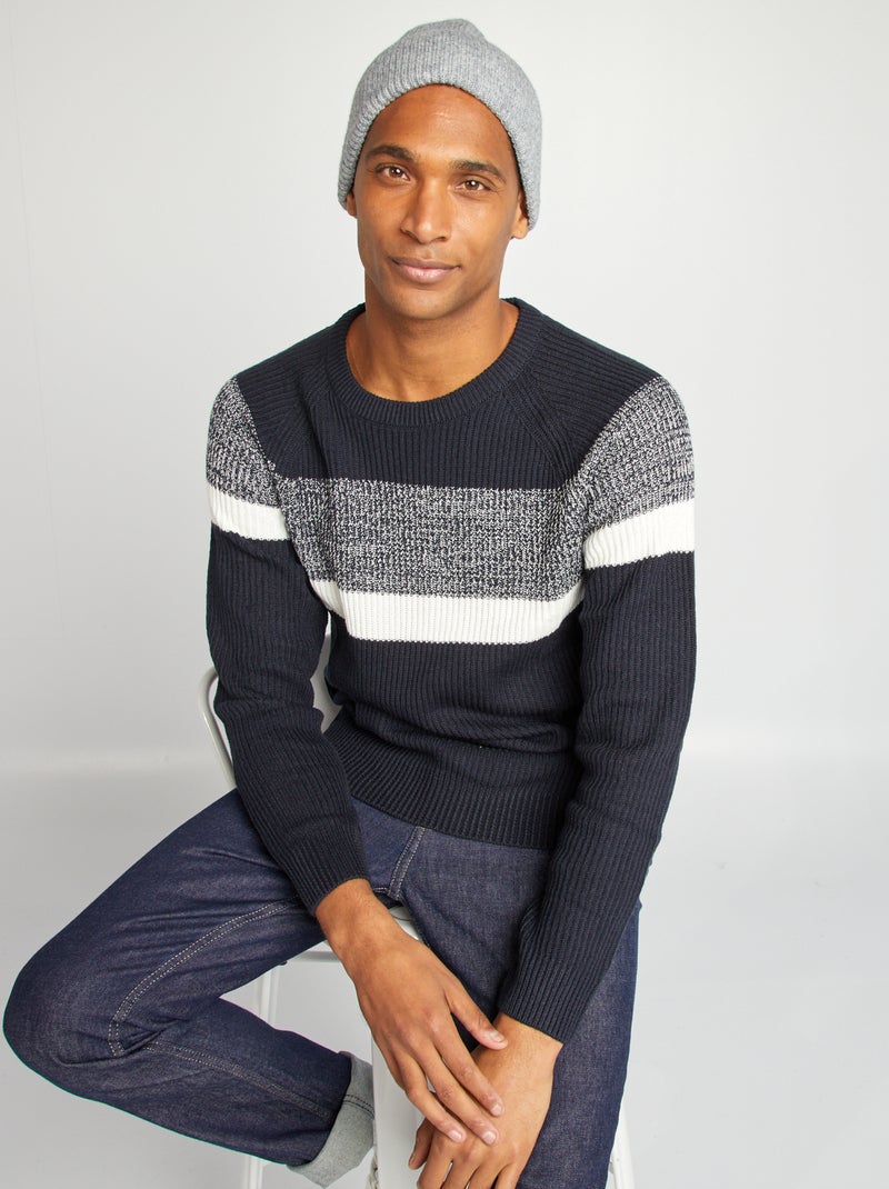 Pull maille color block 'Produkt' bleu marine - Kiabi