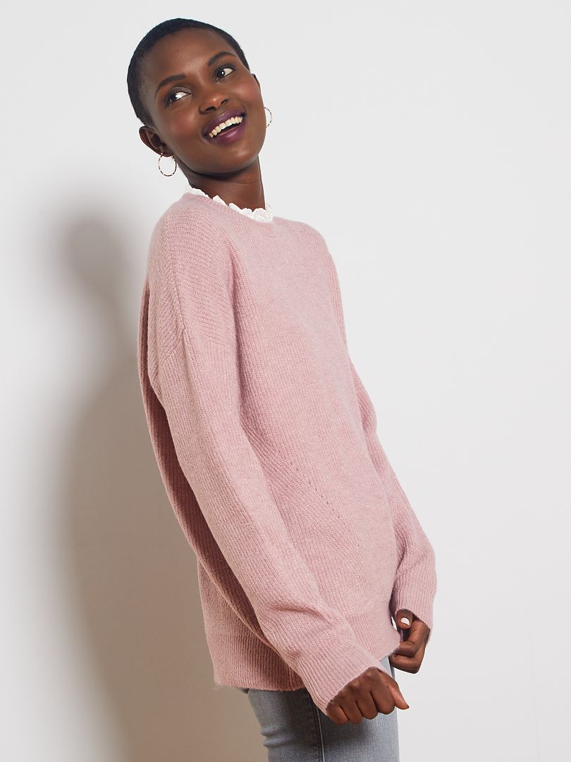 Pull maille douce col victorien rose - Kiabi