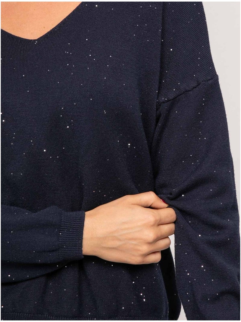 Pull maille fine col v paillettes koraka Bleu marine - Kiabi