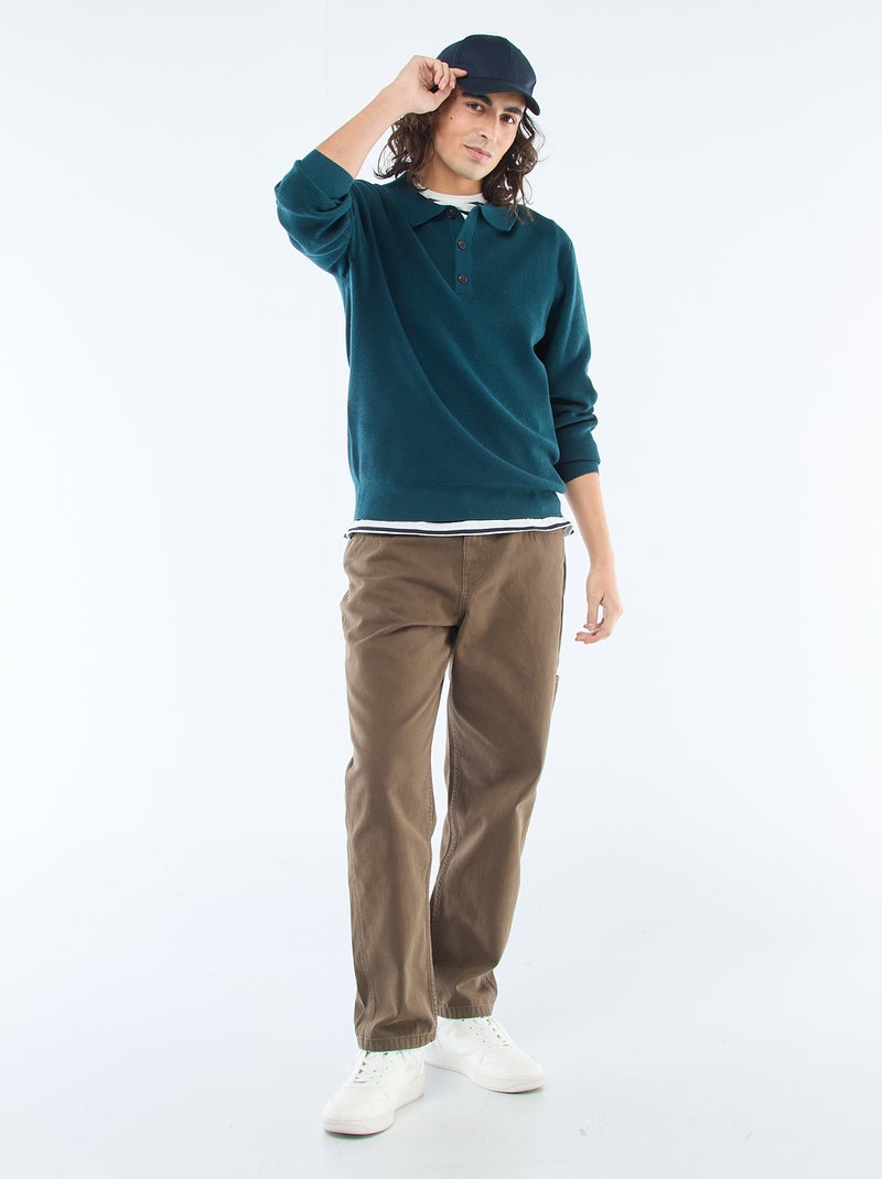 Pull maille gaufrée à col polo Bleu - Kiabi