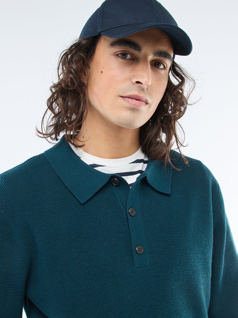 Pull maille gaufrée à col polo Bleu - Kiabi