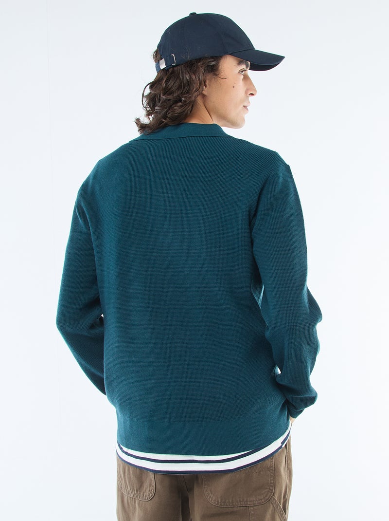Pull maille gaufrée à col polo Bleu - Kiabi